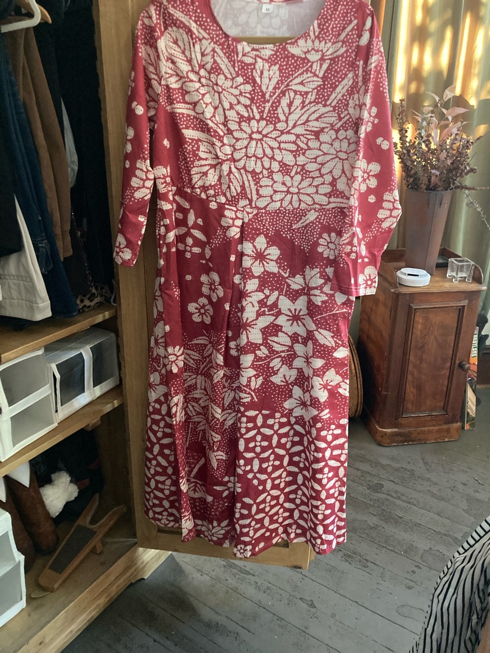 Red Floral Long-Sleeve Maxi Dress